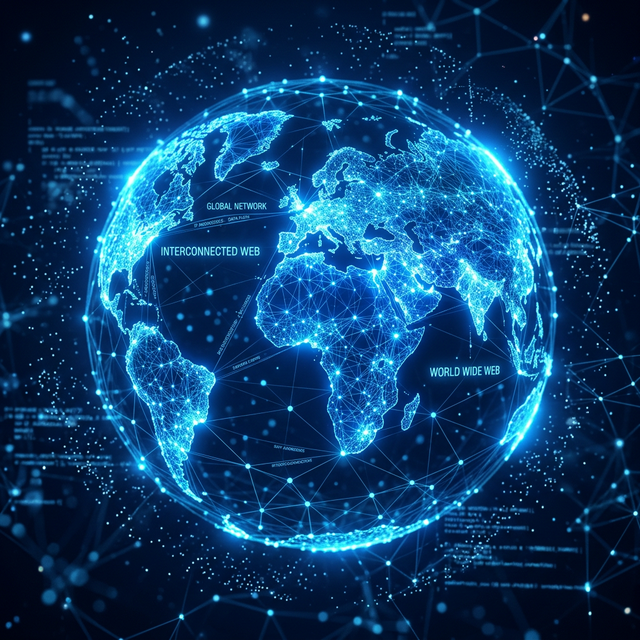 A digital blue globe constructed with interconnected network nodes symbolizing the interconnected web landscape